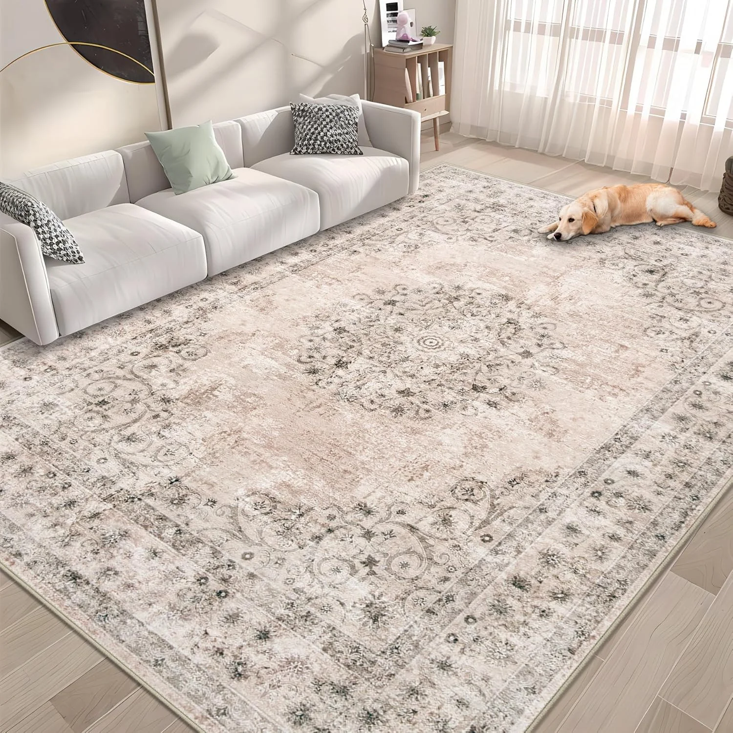 

Vintage Rug: Washable Indoor Medallion Rug Low Pile Distressed Floor Carpet Retro Accent Rug for Living Room Bedroom Kitchen Di