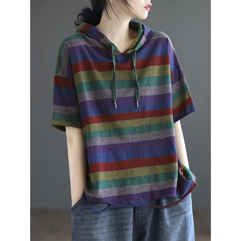 Street Casual Hooded Loose Tops Summer New Short Sleeve Striped Plus Size All-match Vintage T Shirts Fashion Trend Women Clothes