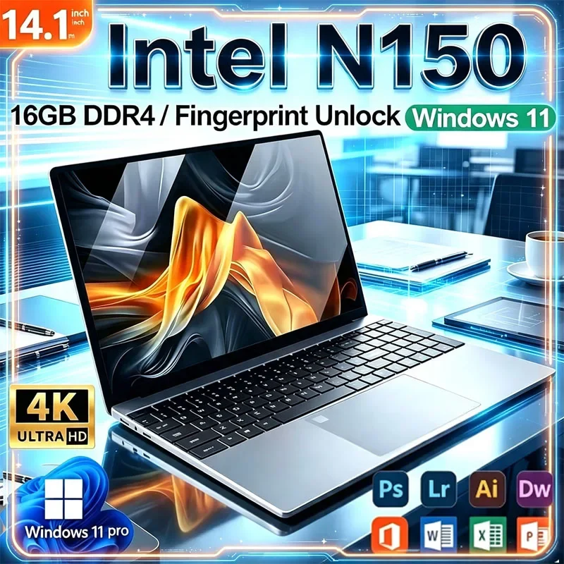14.1 " Windows 11 Laptops Intel Core N150 16GB RAM 1TB SSD Gaming Laptop Backlit Keyboard PC Fingerprint UnIock Computer