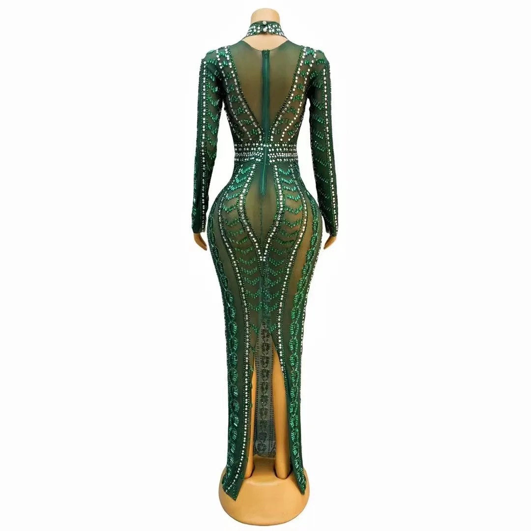 Vestido verde de manga larga con diamantes de imitación, traje Sexy con cristales transparentes, ideal para fiesta de cumpleaños y club nocturno