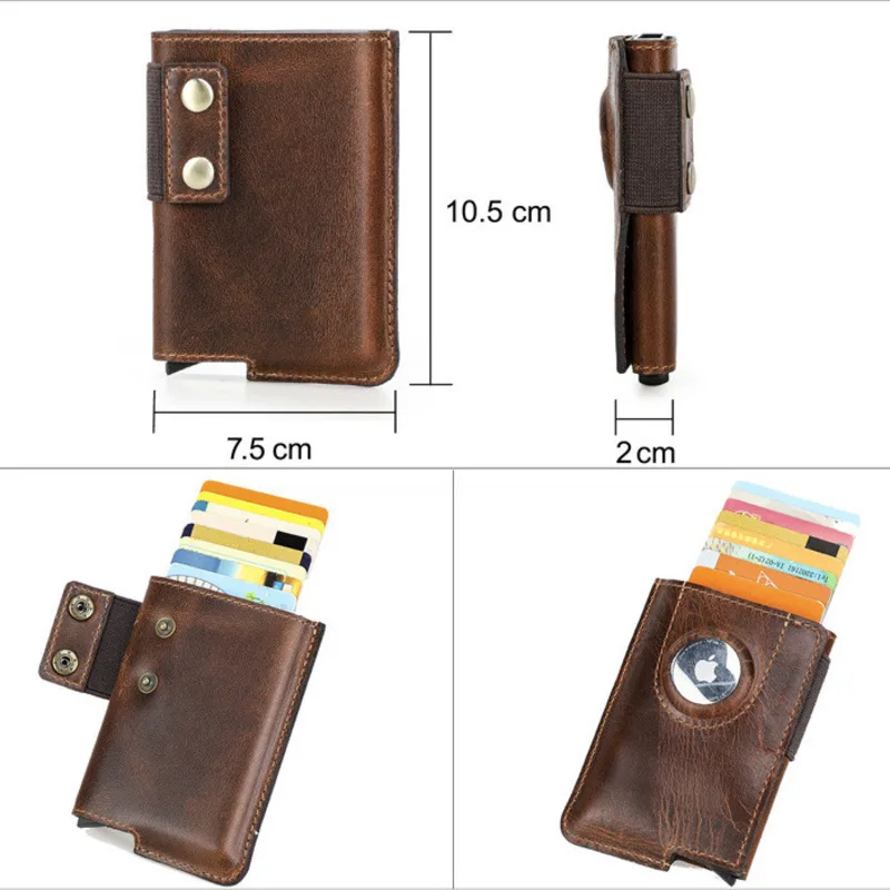 New Fashion Pure Cowhide  Anti Magnetic Automatic Box Trendy Mini Airtag Genuine Leather Wallet Female Bank Card Bag Coin Purses