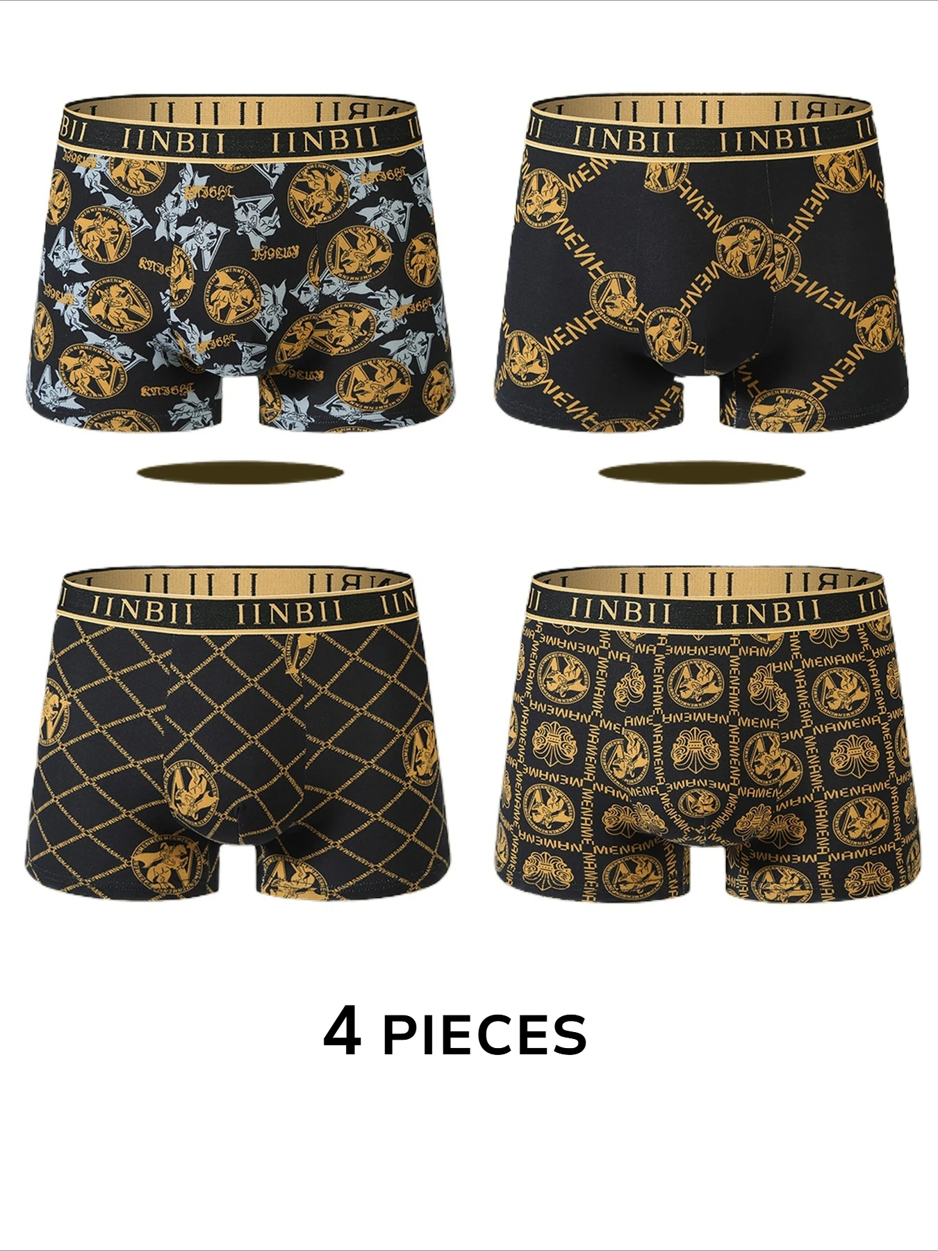 

4PCS High-end Men's Printed Boxer Shorts, Breathable and Comfortable, Black and Gold Printed Men's Underwear