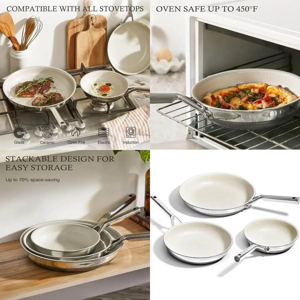 

3-Piece Nonstick Ceramic Pan Set, Beige, Titanium Coated, Safe for Dishwasher & Oven, All Cooktops, 8, 10, 12