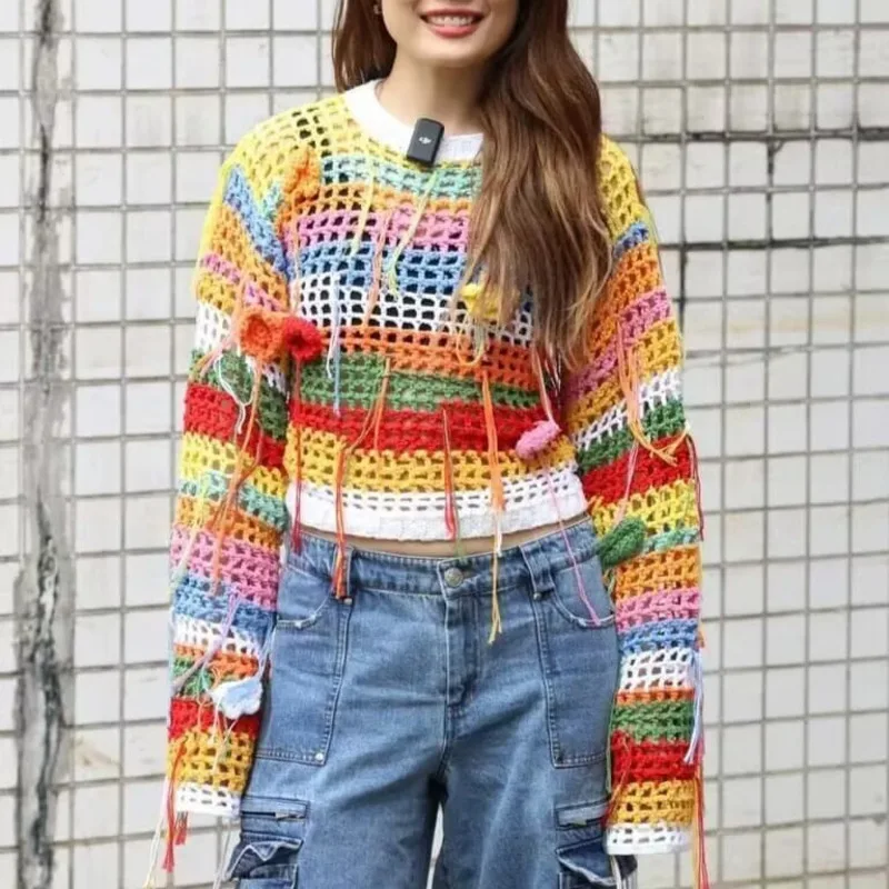 CHUJIE خريف 2025 بلوزة متماسكة مخططة ملونة، بلوزة عصرية فضفاضة ذات هامش من الدانتيل الكروشيه