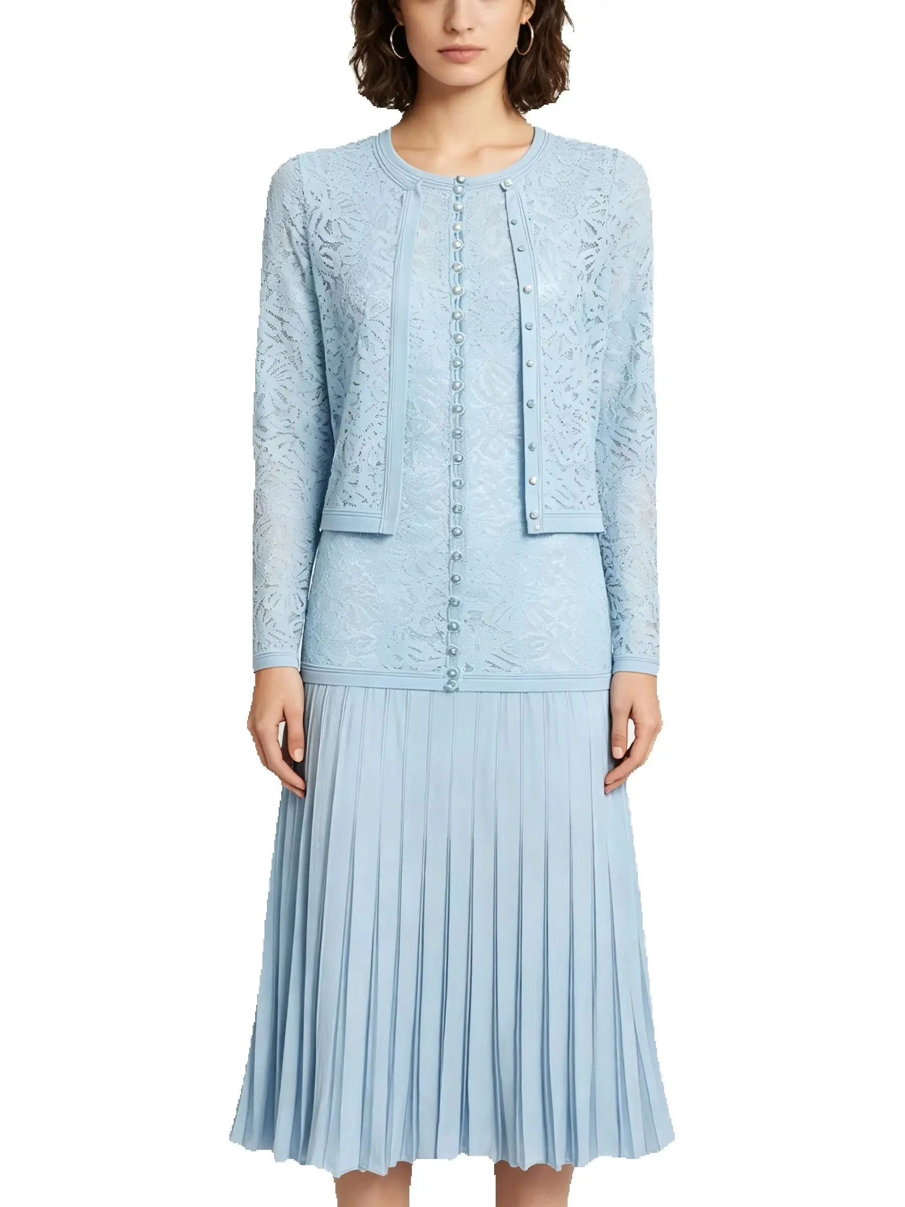 Conjunto de Mujer de Alta Calidad para Primavera y Verano, Nuevo Estilo Moderno, Cárdigan Elástico de Punto con Botones de Perla + Vestido de Manga Corta