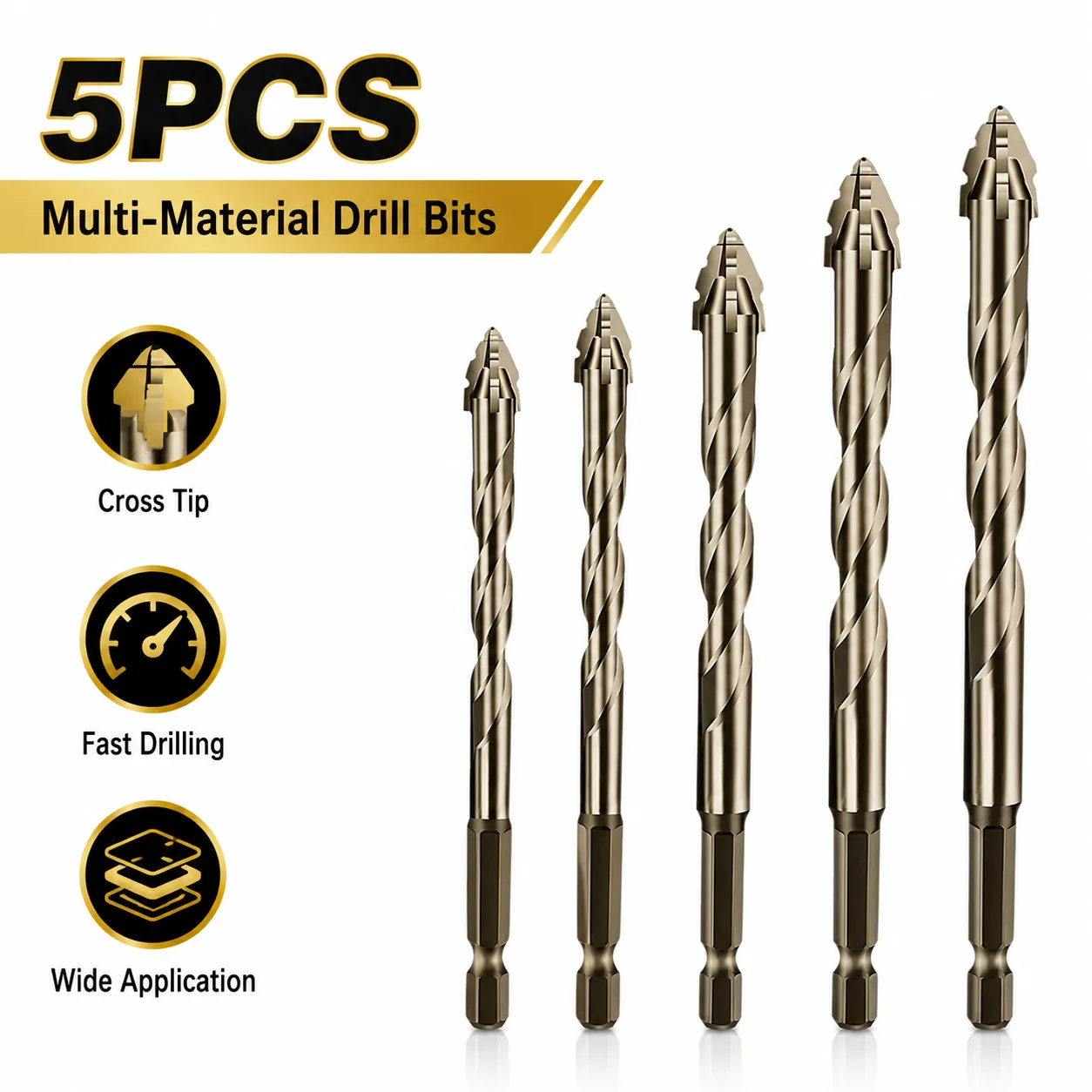 5Pcs Cross Tip Drill Bits 5/6/8/10/12mm Hex Shank Multi Material Set for Tile Ceramic Concrete Brick Glass Drilling