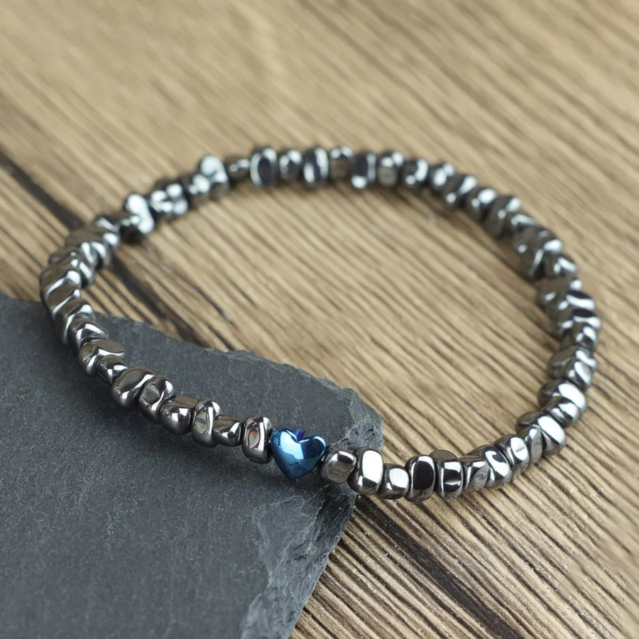 Bracelet en pierre d'hématite coeur Unique unisexe fait à la main perlé irrégulier méditation Bracelet de guérison Braslet Couple Yoga Pulseira
