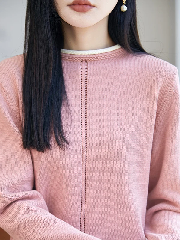 Fashionable Color Block 100% Cotton Knitted Top Women's Simple Base Layer Warm Comfortable High-End Feeling Long Sleeve Shirt