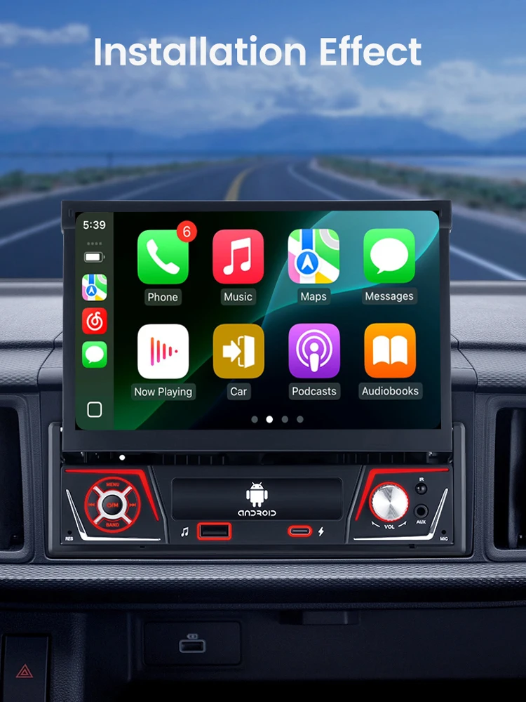 GEARELEC Android 14 Autoradio 1 Din Carplay Android Auto 7" IPS Ausfahrbarer Bildschirm Universelles Auto-Multimedia-Videogerät GPS-Navigation Bluetooth FM RDS Autoradio