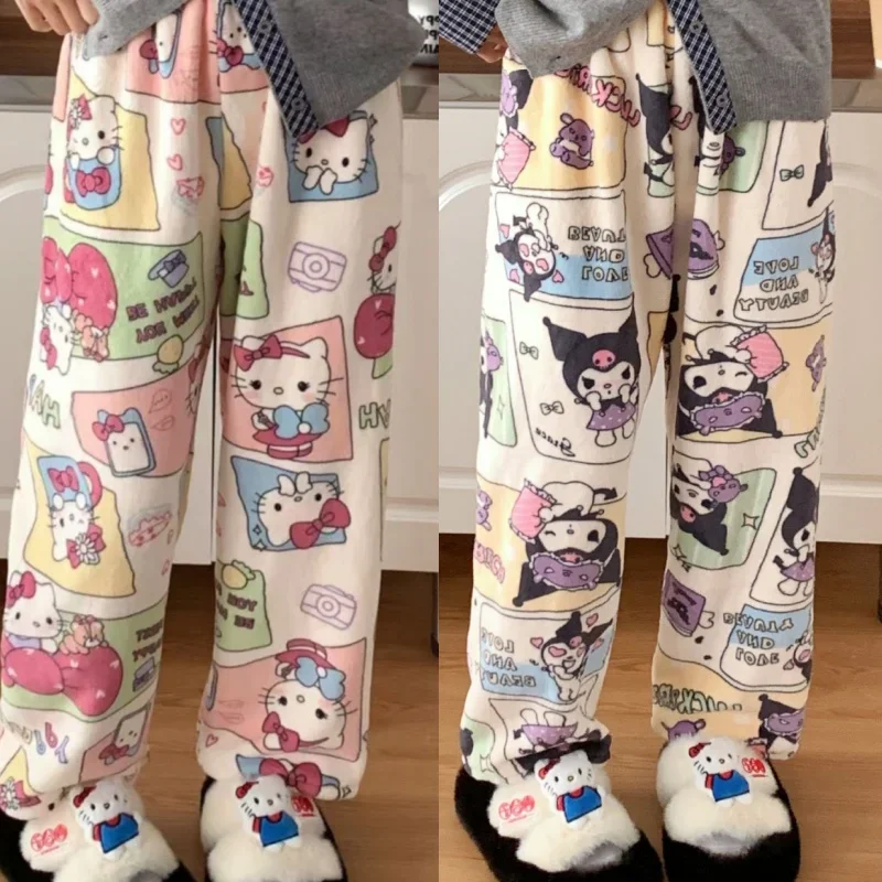 

Cartoon Kuromi Melody HelloKittys Pajamas Flannel Fashion Trousers Kawaii Women Casual Home Pants Cartoon Warm Comfortable Pants