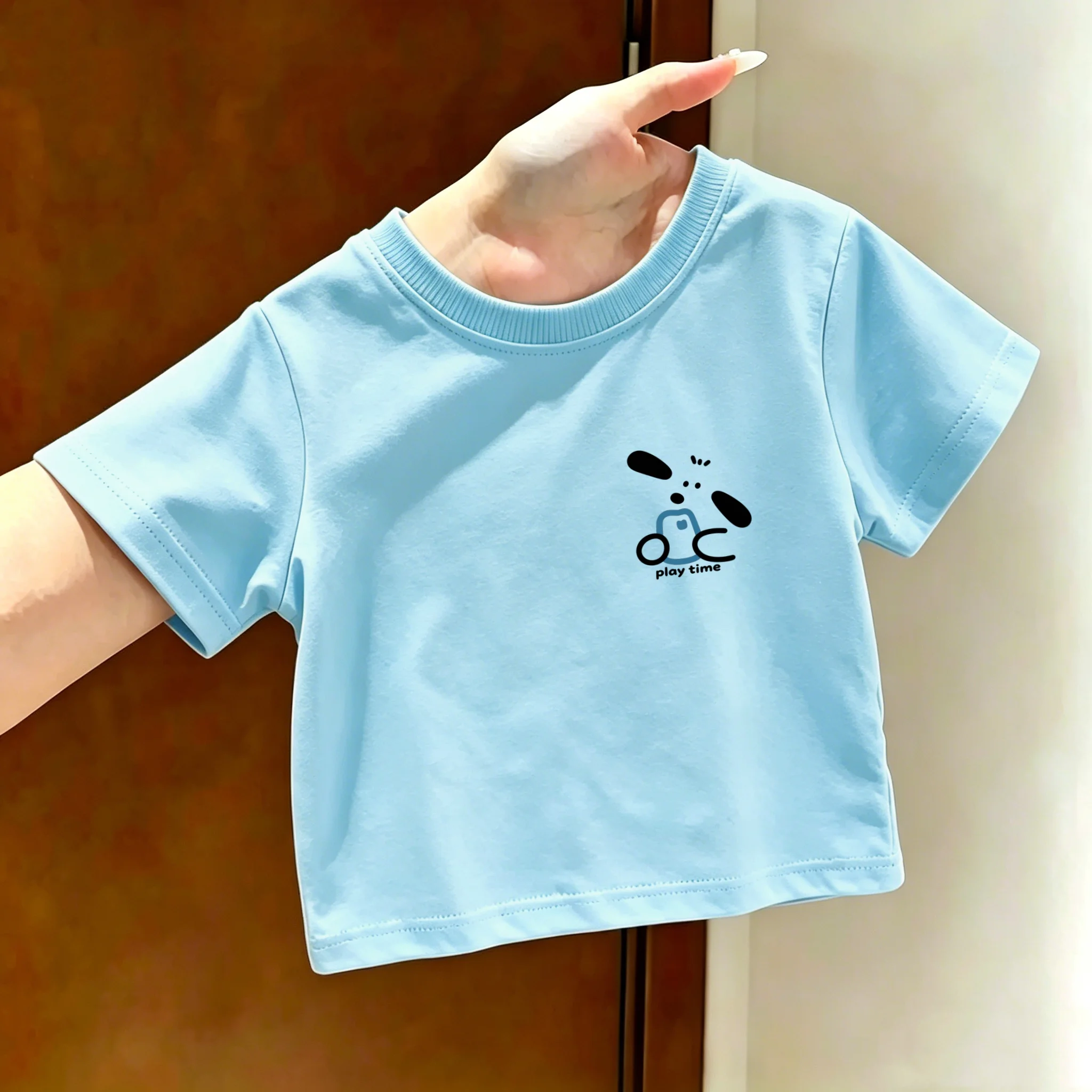 Cute Little Dog Simple Short Sleeved Pure Cotton Tshirt for Boys and Girls Summer Casual Versatile Loose Children's Clothing Top