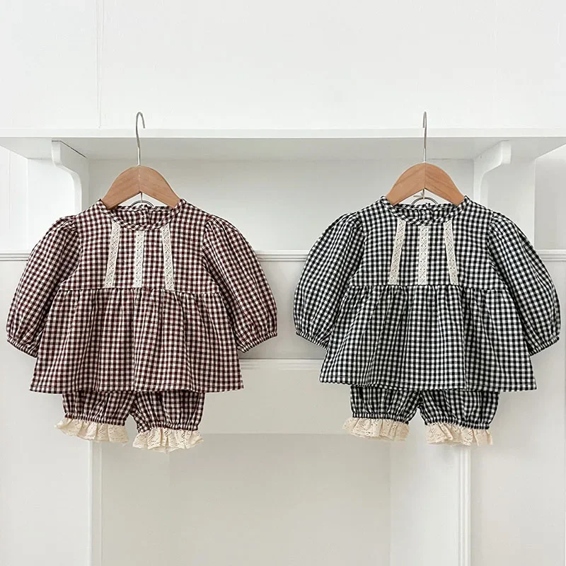 2024 New Autumn Infant Baby Girls Clothing Set Long Sleeved Cotton Lattice Shirt+Shorts Toddler Baby Girl Clothes Suit