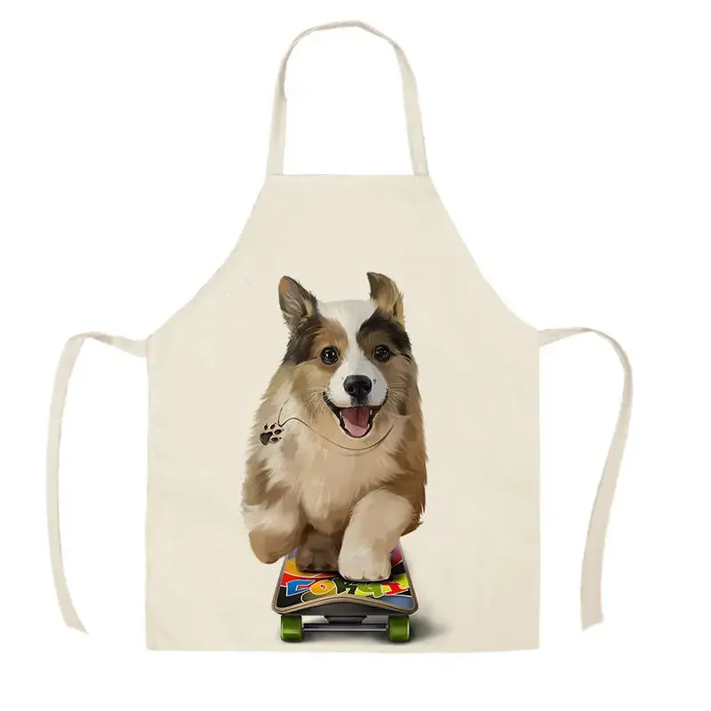 Baking Cooking Chef Apron Cute dog print kitchen apron anti-stain linen  Men\'s and women\'s home cleaning