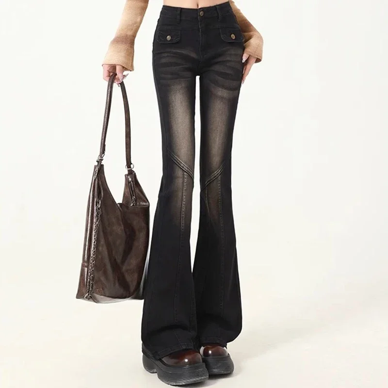 Woman High Waist Elastic Spliced Wide Leg Jeans Female Vintage Slim Fit Flare Pants Lady Blue Black Grey Denim Trousers Big Size