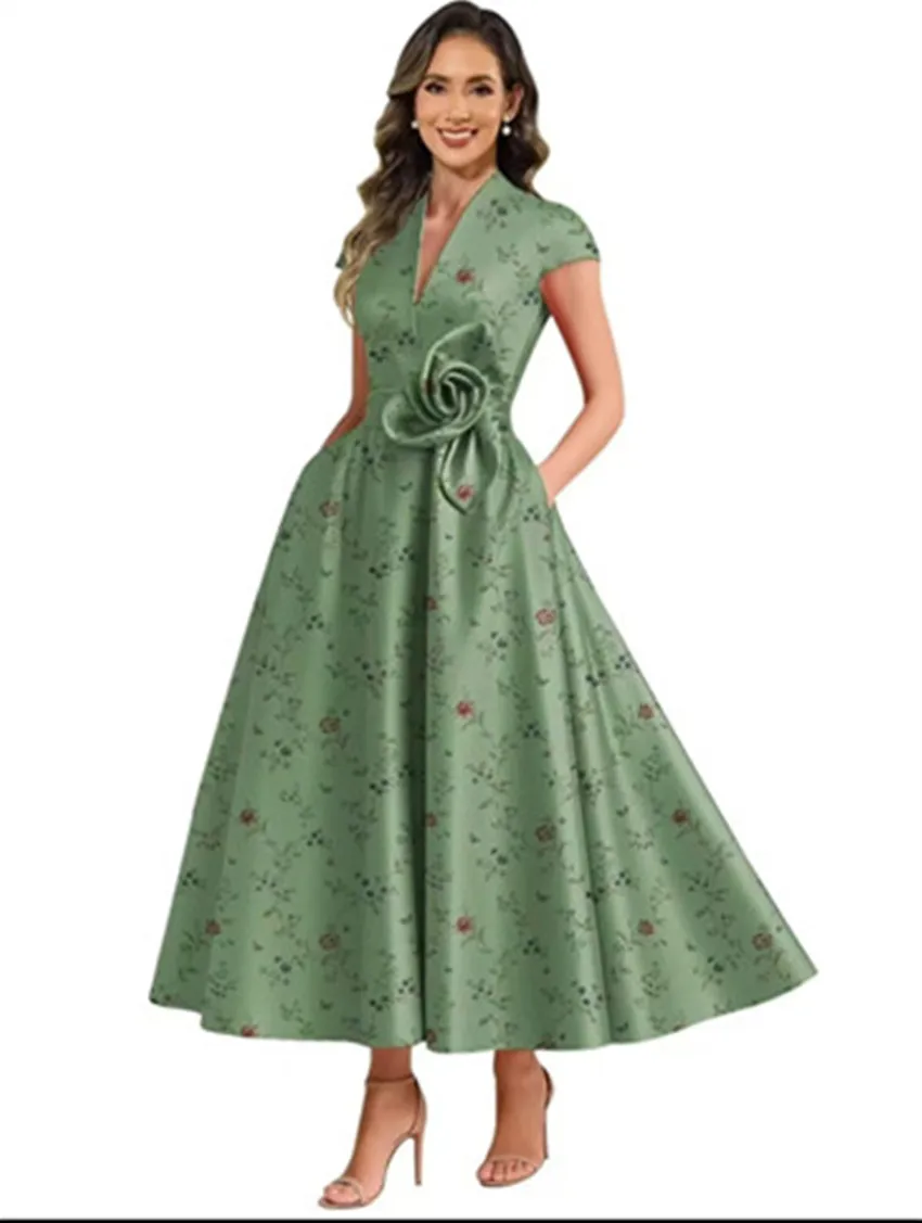 

Mother of The Bride Dresses Printed lace V Neck Cap Sleeves Wedding Guest dress Tea Length Women Evening party Dress Customized