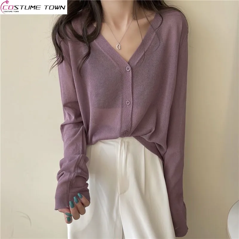 Ice Silk Sunscreen Cardigan Women's Spring/Summer Fashion Korean Version Casual Long Sleeved Shirt Knitted V-neck Top