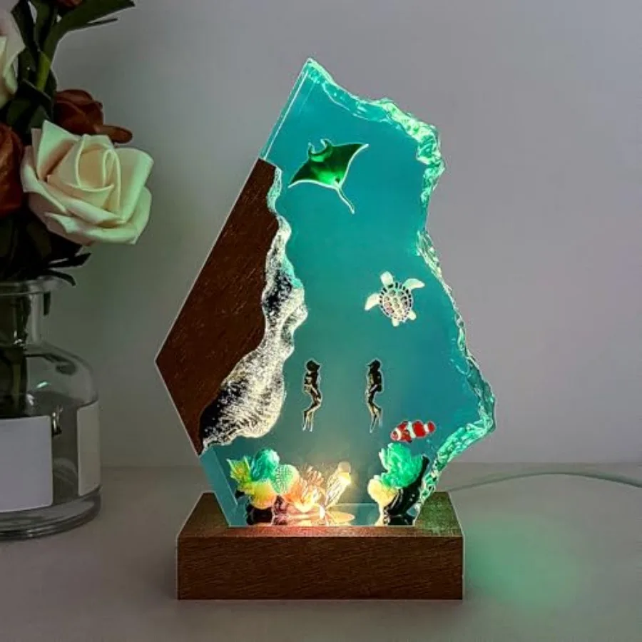 

Ocean Resin LampManta Ray Resin Night Light USB Powered with Wooden Base Handmade Gifts for Girls and Boys Variable Light Home