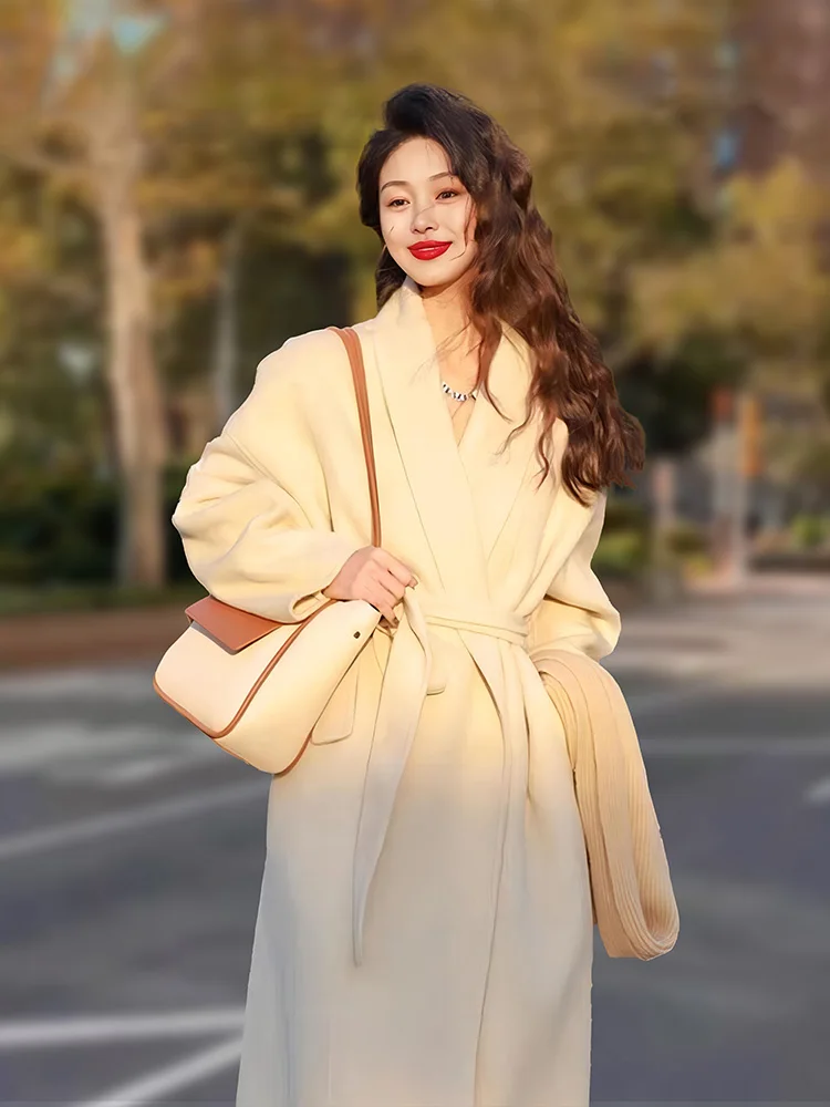 

Двустороннее кашемировое шерстяное пальто до колен с поясом для женщин, средней длины, в деловом стиле, модное, зимнее, новинка