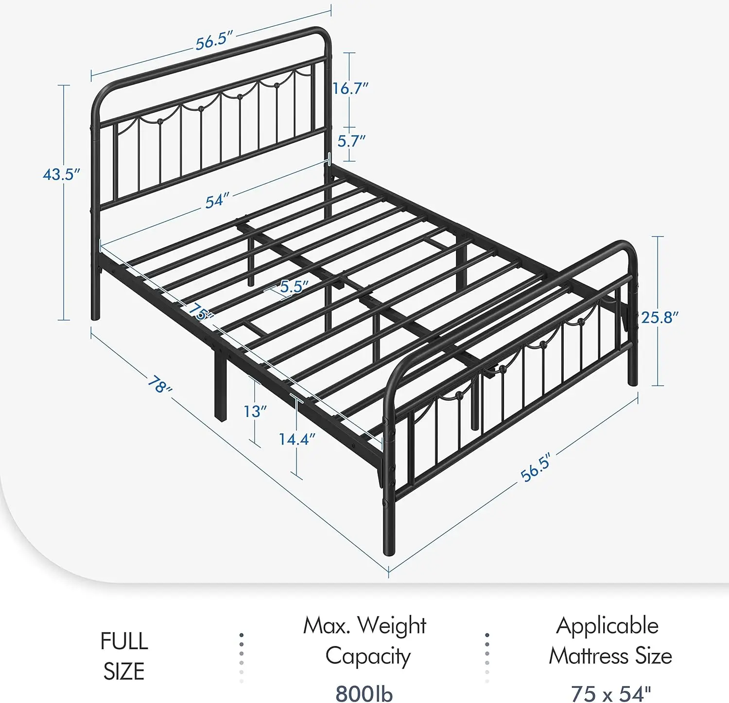 Full size metal bed frame with antique headboard and footrest, ample storage space under the bed, black