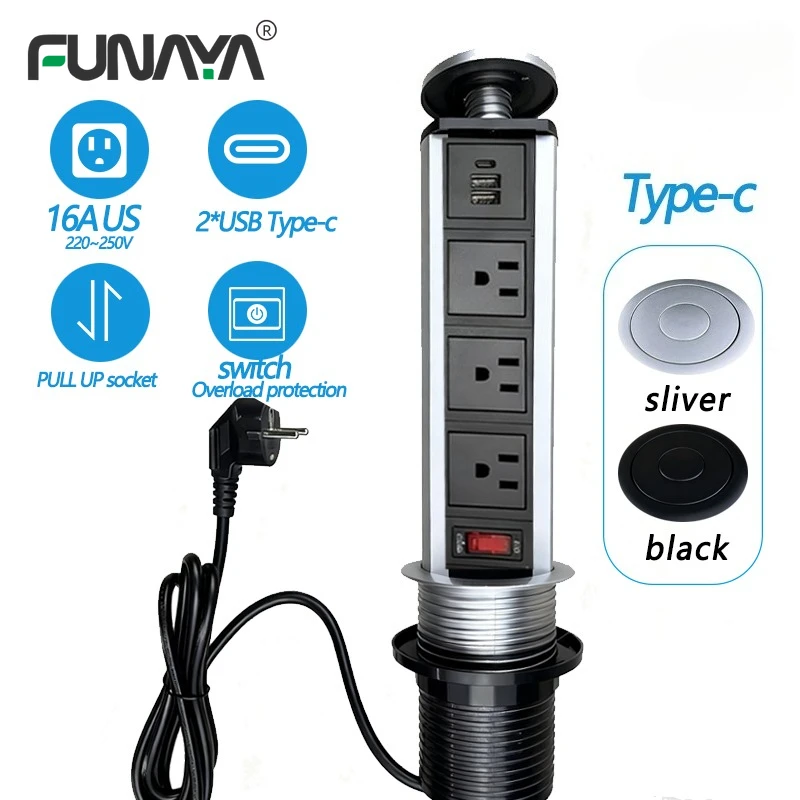 

FUNAYA US MX 16A POP UP Power PULL Socket with USB Type-c for Kitchen Furniture Table Desktop Retractable Countertops Sockets