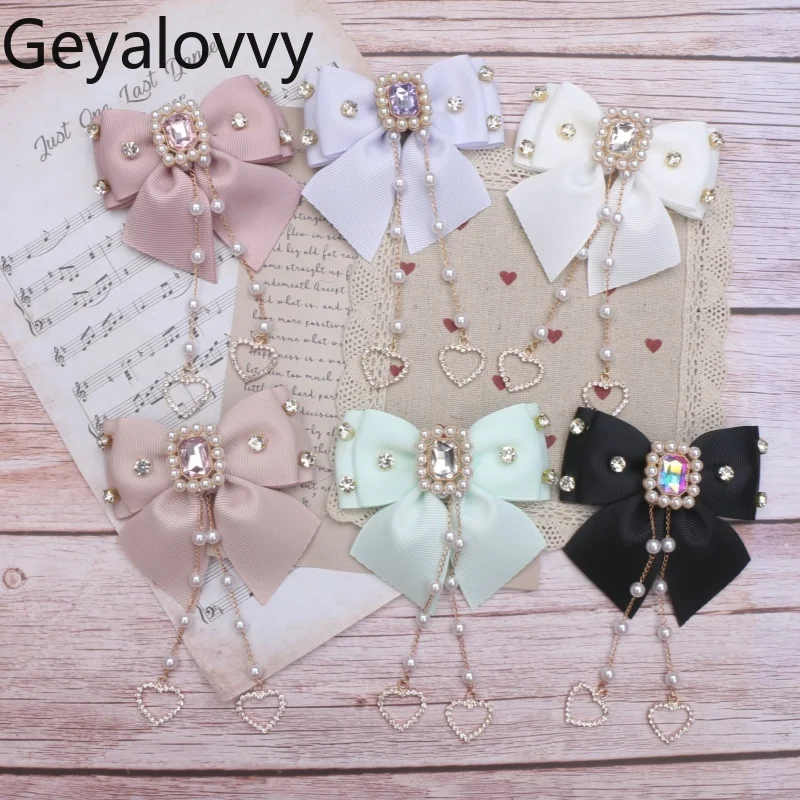 

Handmade Japanese Lolita Sweet Cute Mass-Produced Bow Hair Accessories Rhinestone Pearl Tassel Hairclips Kawaii Side Clips