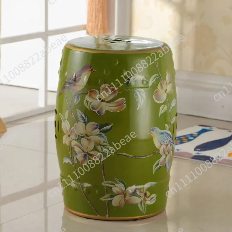 Ceramic Side Table Durable Drum Stool Hand painted Floral and Bird Coffee Table Classic Vanity Seat Suitable for Dining Room