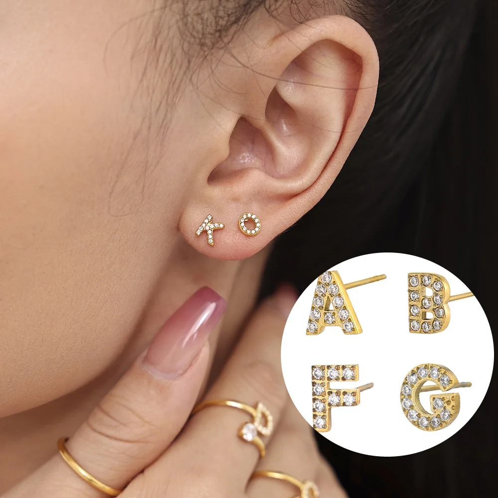 

Classical Stainless Steel Initial Stud Earrings Women Gold Plated Zircon 26 Letters Jewelry Fashionable Stylish Personalized