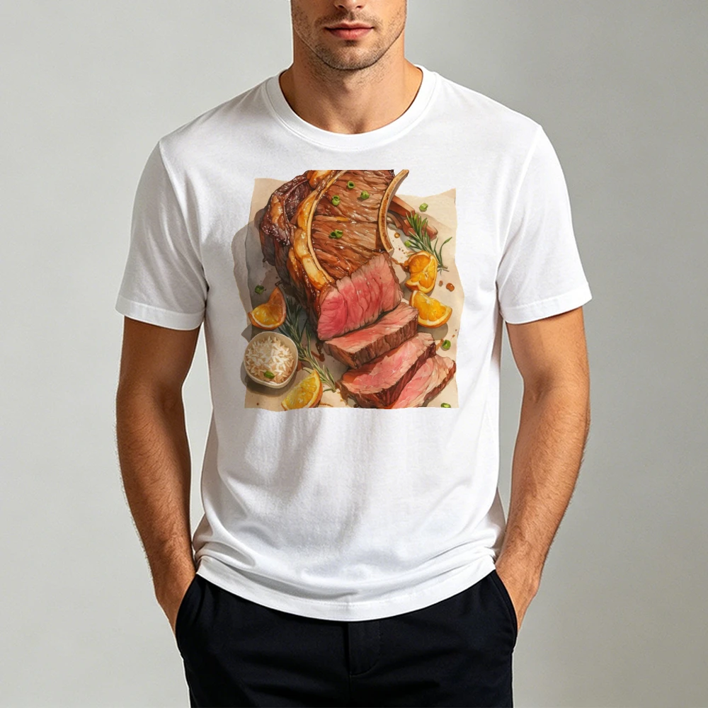 Watercolor Sliced Bone Steak Rosemary Orange Slice Graphic Men Summer T Shirt Premium Beef Food Art Casual Short Sleeve Tee