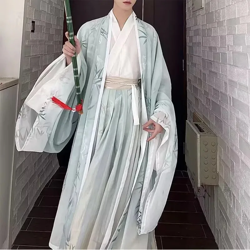 

Chinese Hanfu Sets For Men Printed Bamboo Green Gradient 3pcs Suits Women Halloween Cosplay Costume Party Outfit Plus Size XXL