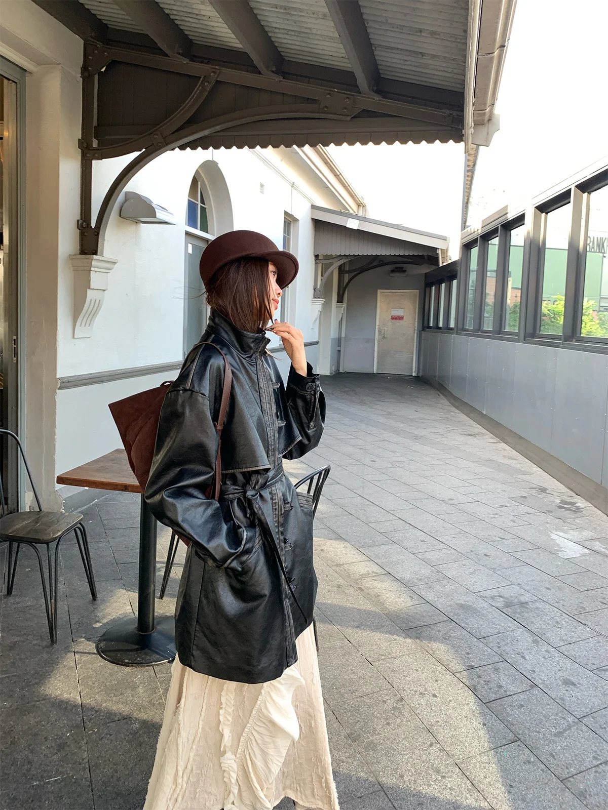 

Modern Retro PU Horn Button Jaet Long Coat Single Row Multi-Button Worn Color Ladies Casual Faion Windproof Coat