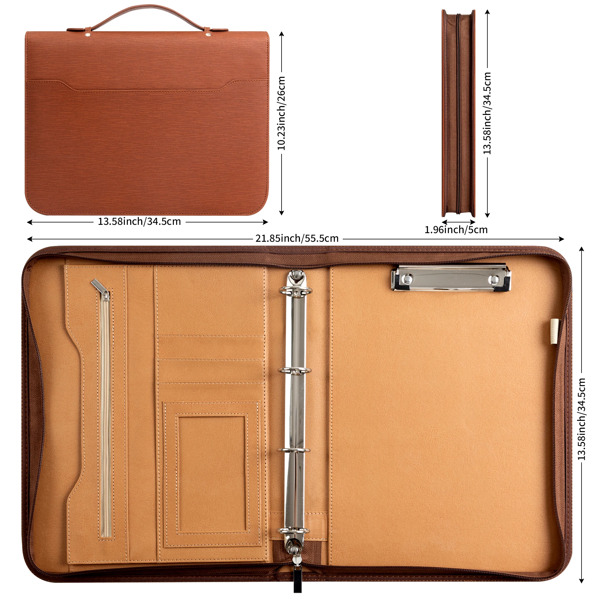 New A4 Portfolio 4 Ring Binder with Zipper, PU Leather Padfolio Document Organizer with Storage, Professional Business Briefcase