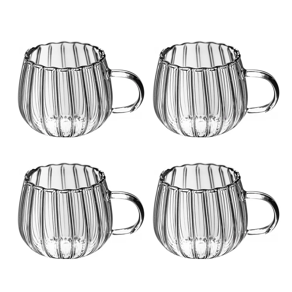 Clear Glass Drinkware Set 4 pcs with Full Vertical Rib Design and Comfort-Fit Curved Handle for Home Kitchen Use