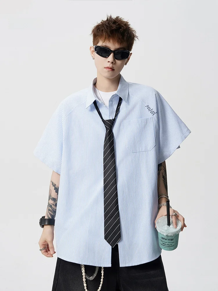 

Мужская летняя рубашка-куртка Wmnm American Blue Striped с коротким рукавом, модная, брендовая, простая, с тонкой вышивкой, свободного кроя, повседневная