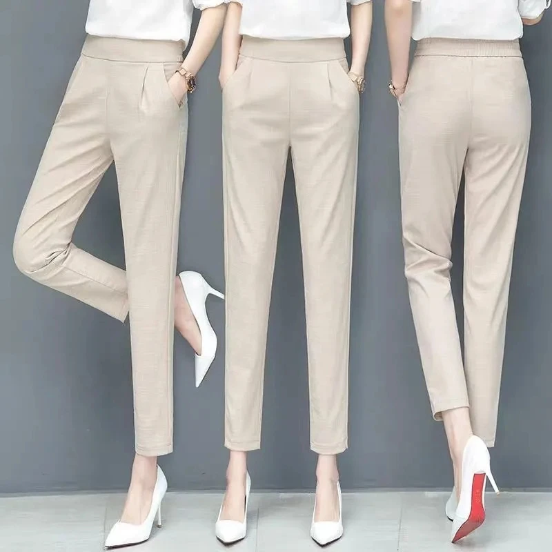 Pantalon harlan taille haute pour femme, pantalon à jambe droite, coton et lin, loisirs, neuf points, printemps et été, 2024