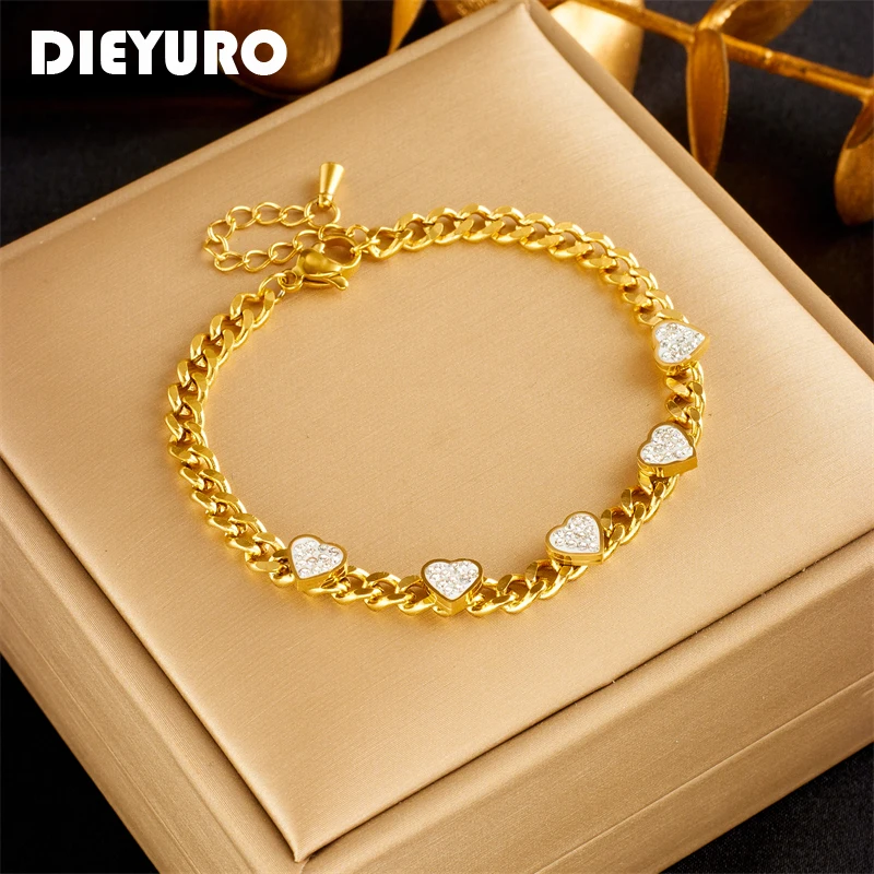 DIEYURO 316L Stainless Steel Heart Love Charm Bracelet For Women Fashion Gold Color Link Chain Bangles Waterproof Jewelry Gifts