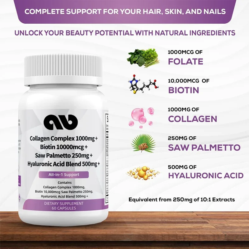 Super collagen 1000mg, biotin 1000mcg, keratin saw palm 250mg, hyaluronic acid 500mg - containing vitamin E folate pumpkin seeds