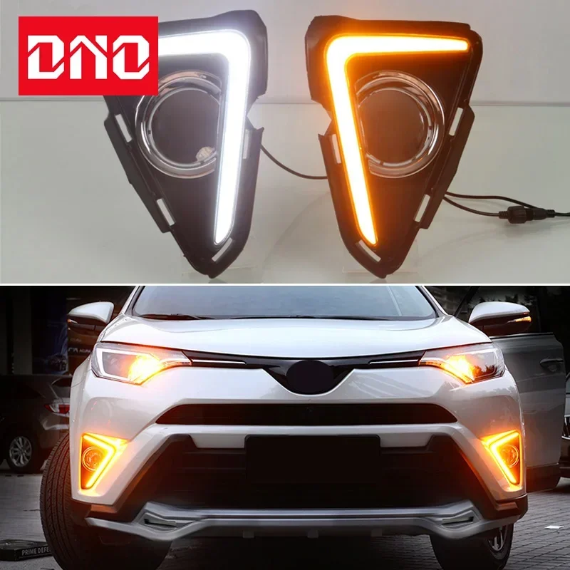 Car LED DRL 12V Daylights For Toyota RAV4 2016 2017 2018 Yellow Turn Signal Daytime Running Headlamps Auto Driving Lamp Foglamps