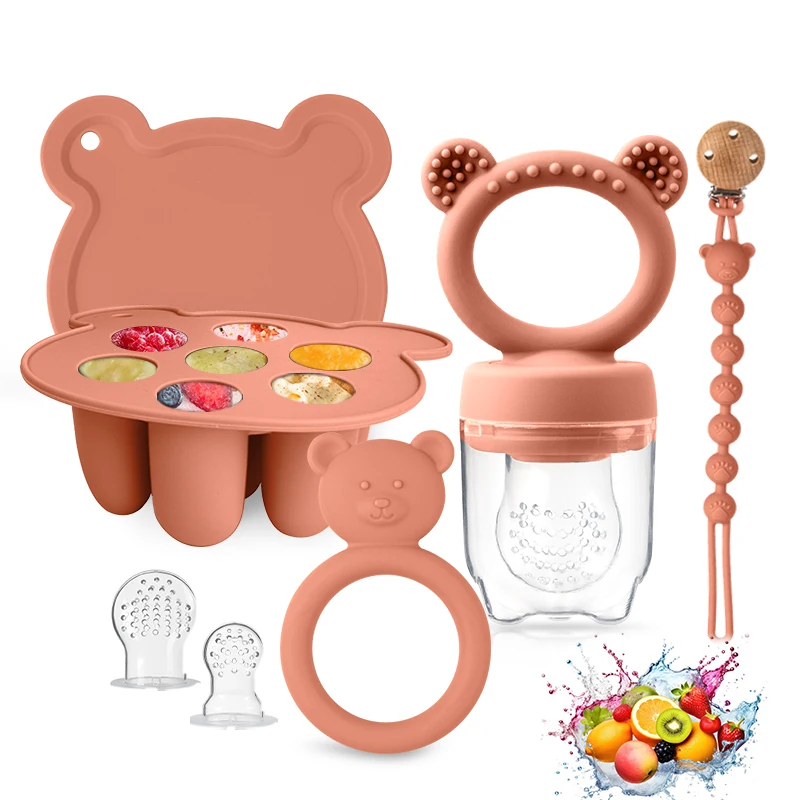 

BPA-Free Silicone Baby Essentials Set Freezer Tray with Baby Fruit Feeder & Silicone Pacifier Clip & Bear Teether Combination