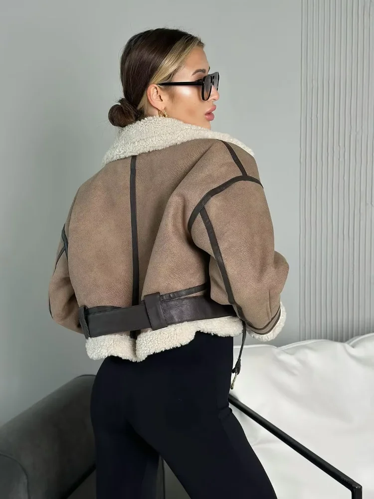 

Короткая куртка из однотонной меховой кожи на шнуровке, женская модная куртка с завязкой на талии и длинными рукавами на молнии с лацканами, пальто 2025 г., женская верхняя одежда для поездок на работу