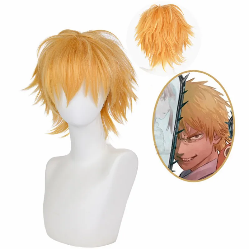 AiQi Animation COS Male Denji Wig Chainsaw Man Cosplay Golden Yellow Short Curly Wig Cap