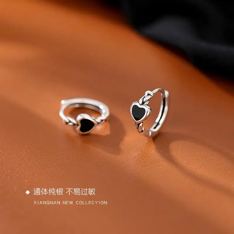 925 Sterling Silver Black Heart hoop Earrings Temperament Simple Inlaid for Women Wedding Jewelry Accessories