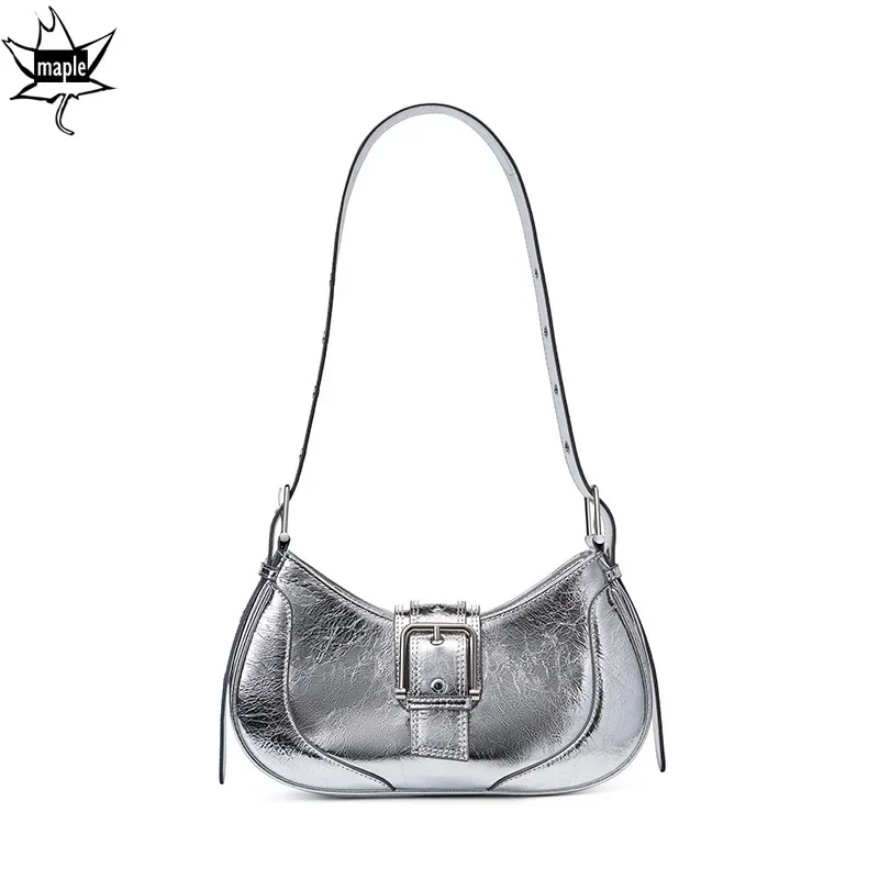 Strict selection Ins Stylish Burst Texture Oil Wax Cowhide Leather Underarm Purse Silver Black Beige Color Women's Handbag