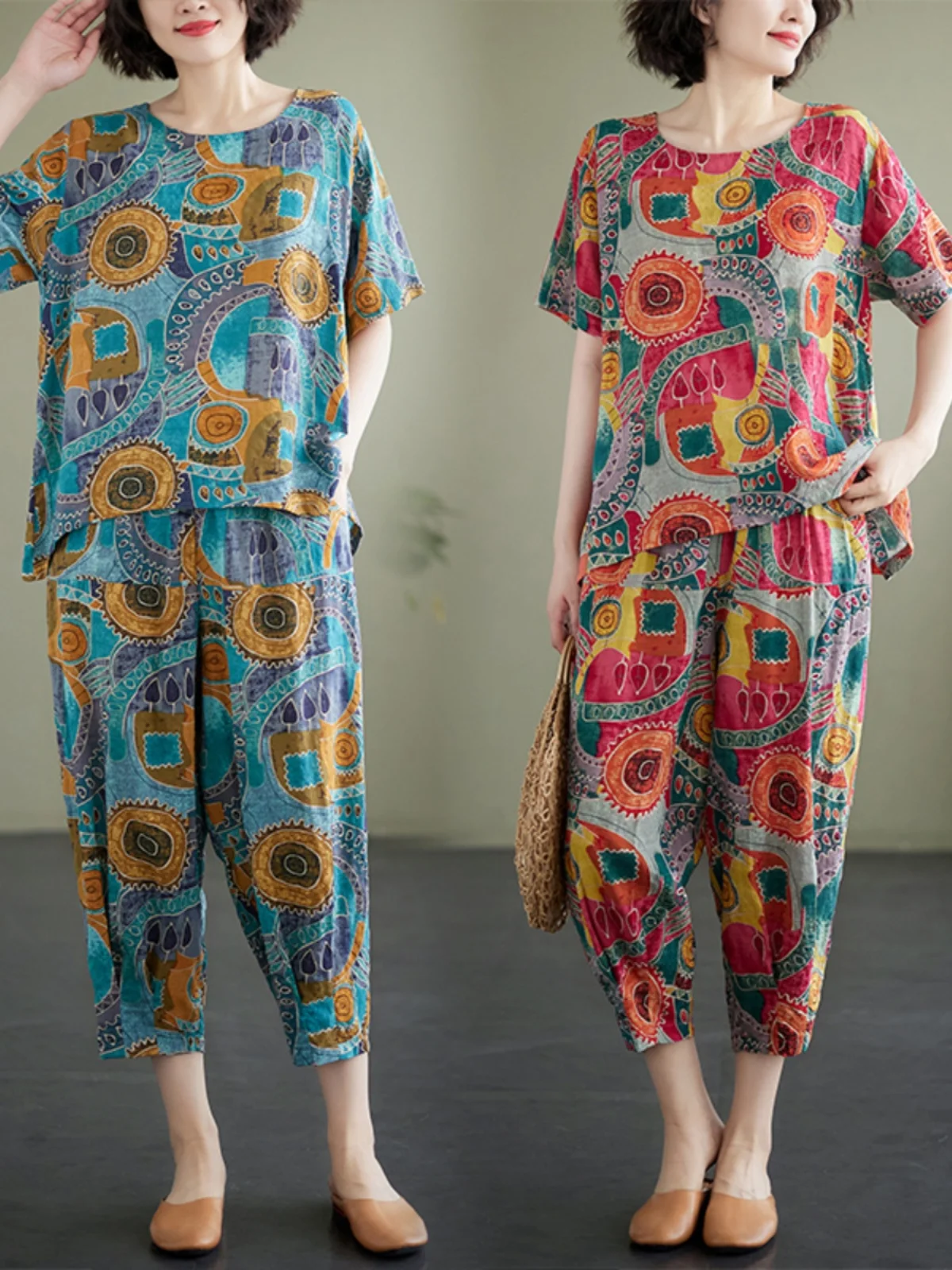 Novo 2025 feminino algodão linho casual ort sve impressão conjunto de duas peças confortável respirável faionable mãe roupas