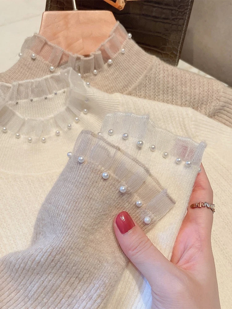 

Pearl Lace Knitted Base Shirt Women's Style Half High Collar Spring Autumn Outerwear Winter Inner Match Commute Fashion Korea...
