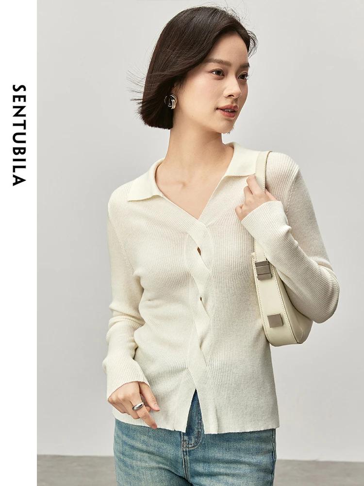 

SENTUBILA Wool V Neck Slim Fit Tops Women 2024 Spring Autumn Casual Knitted Long Sleeve Comfortable Simple Women Top W43H56231