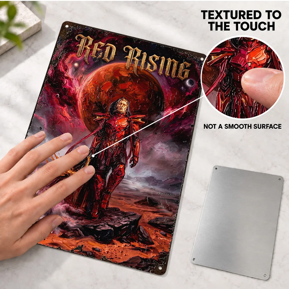 Red Rising Crowned Warrior Aluminum Poster Customized Metal Sign Expressive Illustration Wall Art For Library Reading Corner