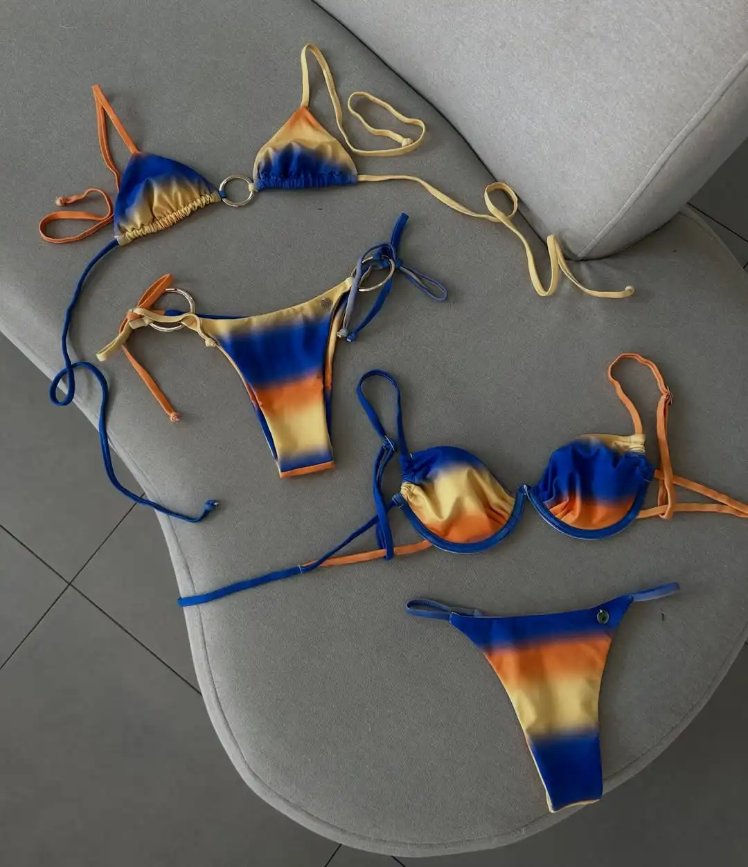 

Color Block Gradient Bikini Women's Separate Swimsuit Fashion Mujer Lace Up Biquini Bathing Suit Sexy Female Metal Ring Swimwear