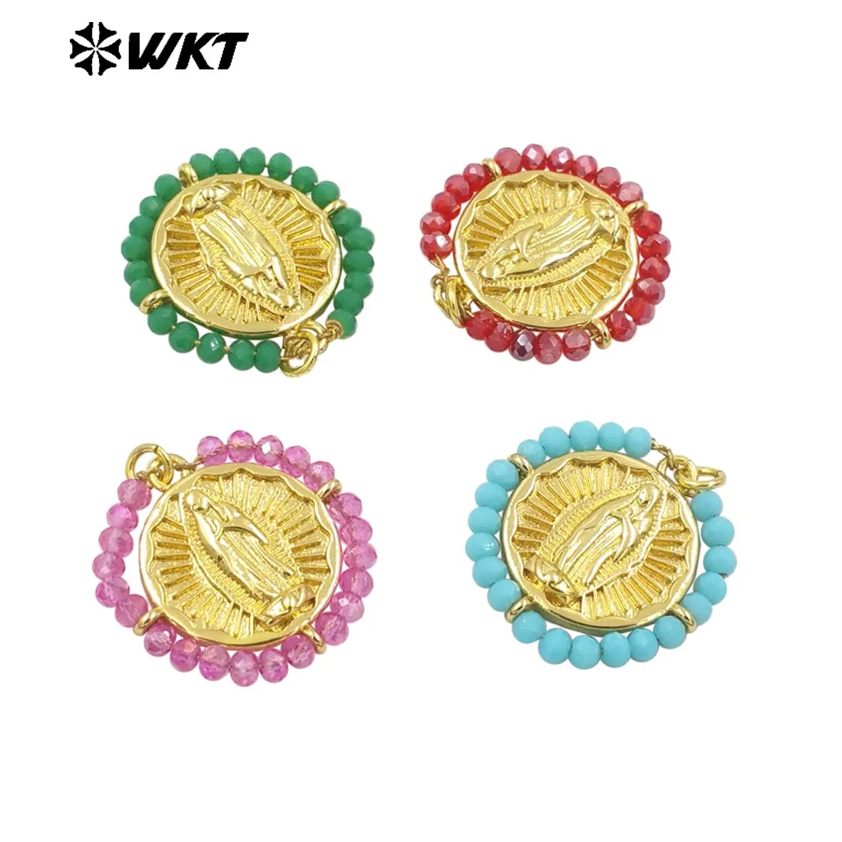 

WT-MP301 Spring New Design Colorful Handmade Wire Wrapped Crystal Beads Around Gold Plated Virgin Guadalupe Pendants