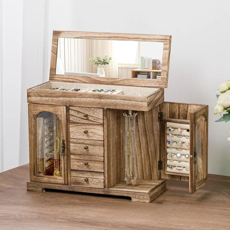 Wooden Jewelry Box with Lid Mirror Rotatable Jewelry Boxes Portable Movable Ring Necklace Display Box Earrings Storage Cases