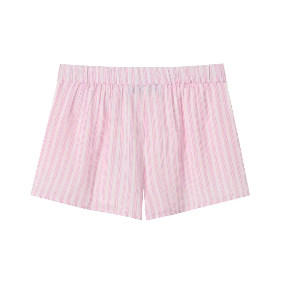 Tangada Women Pink Striped Print Summer Shorts For Summer Strethy Waist Pockets Female Shorts 3H0569